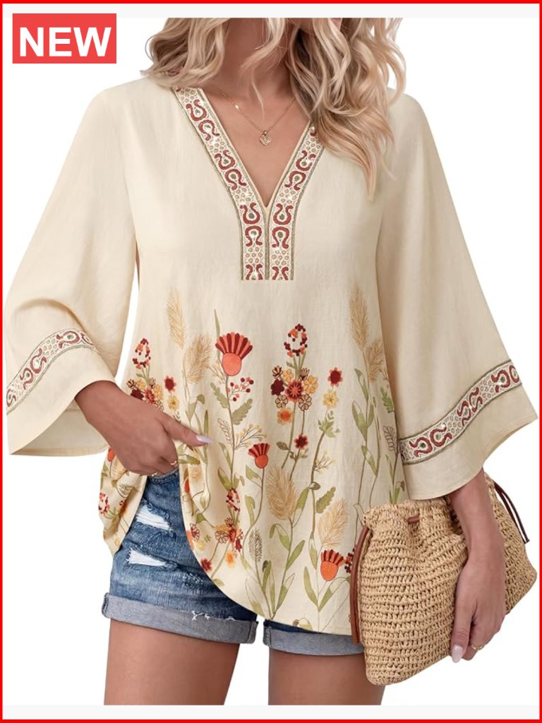 Embroidered V-Neck Boho Tunic 3/4 Bell Sleeve Blouse